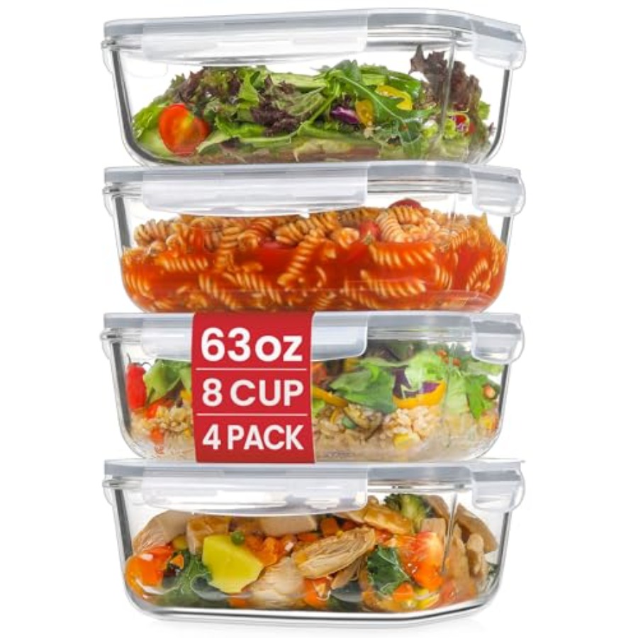 Food Storage Containers Glass - 4 Pack 8 Cups/ 63oz Large