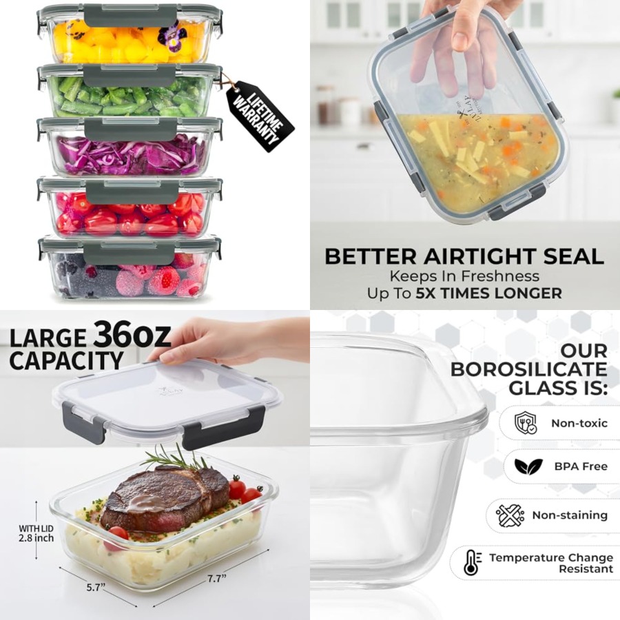5 Piece Large 36oz Glass Tuppe - đánh giá và giá Food Storage Containers Tupperware