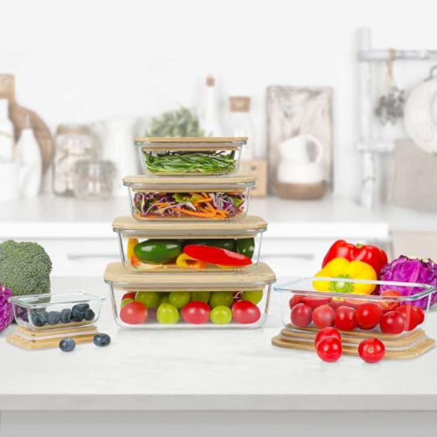 Glass Containers with Bamboo L - đánh giá và giá Food Storage Kitchen Container Set