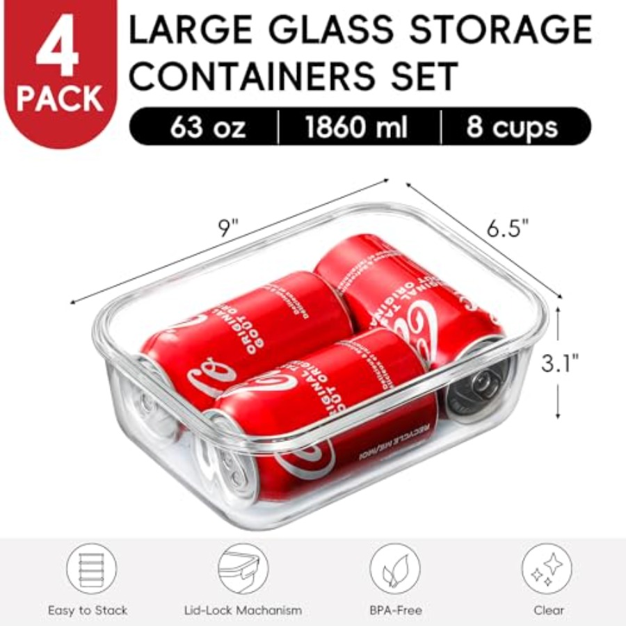 4 Pack 8 Cups/ 63oz Large Glas - đánh giá và giá Food Storage Containers Glass